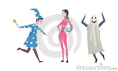 Young Man and Woman Wearing Costume of Alien and Ghost Disguised in Masquerade Outfit Vector Set Vector Illustration