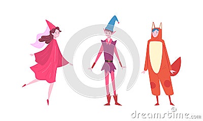 Young Man and Woman Wearing Costume of Elf and Fairy Disguised in Masquerade Outfit Vector Set Vector Illustration