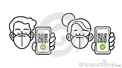 Man and woman with ffp2 kn95 mask holding sanitary pass on smartphone Vector Illustration