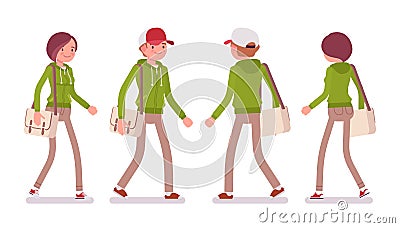 Young man and woman wearing a hoodie jacket walking Vector Illustration