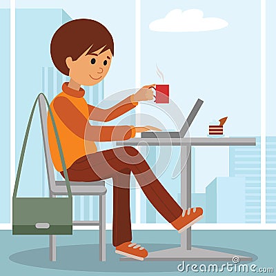 Young man at work. Vector illustration of student coffee break using laptop. Vector Illustration