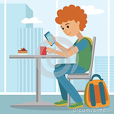 Young man at work. Vector illustration of student coffee break using phone. Vector Illustration