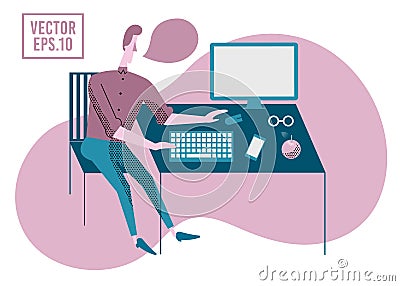 Young man working on the computer programmer, business analysis, design, strategy. Modern flat vector illustration. Cartoon Illustration