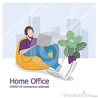 Young man working at home. Freelancer. Remote worker. Home office. Illustrations concept coronavirus COVID-19. Vector Illustration