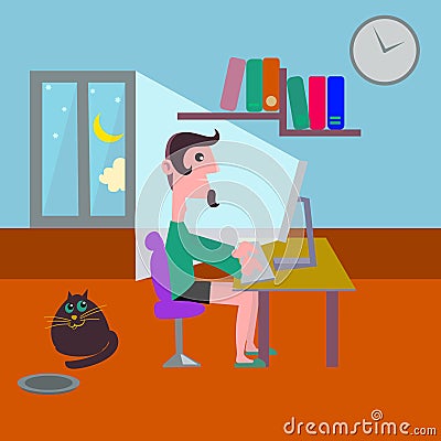 Young man working in the home late night Vector Illustration