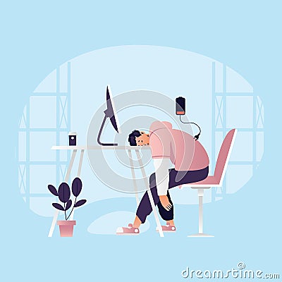 Young man working at home. Tired and burn out freelancer, remote work concept. Vector Illustration