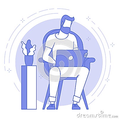 Young man is working outsourced. Vector Illustration