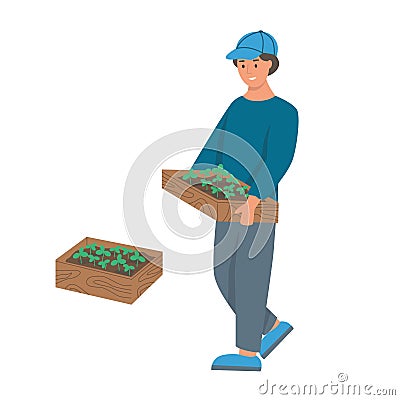 A young man works in the garden, a farmer carries a box of seedlings. Flat cartoon vector illustration Vector Illustration