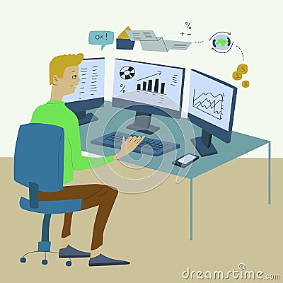 Man works in an office at a computer, conducts financial analysis Stock Photo