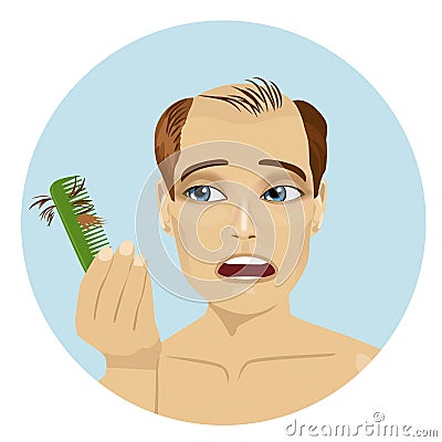 Young man worried about hair loss holding comb looking at it Vector Illustration