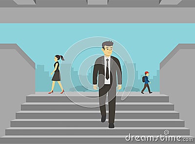 Young manager or businessman going downstairs of an underground. Vector Illustration