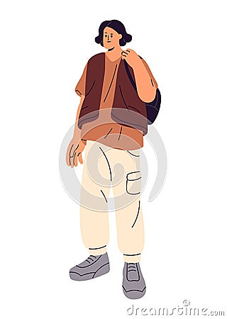 Young manin vest with backpack, rucksack standing, wait. Tourist in casual look in street style. People wearing summer Vector Illustration