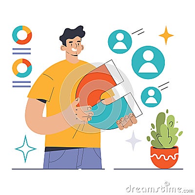 Young marketer attracts potential clients with a magnet. Vector Illustration