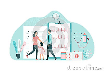 Young married couple with a child chooses a health plan Vector Illustration