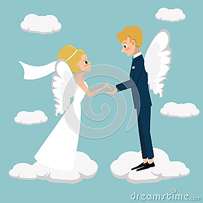 Young married couple fly in heaven vector cartoon Vector Illustration