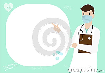 Young medical doctor with Surgery Mask with speaking bubble. Vector illustration background. Health Care Concept Design Vector Illustration