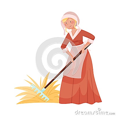 Young Medieval Female Peasant Carrying Hay with Rake Vector Illustration Vector Illustration