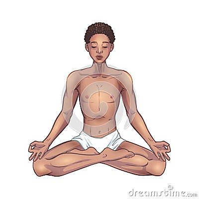 Young meditating yogi man in lotus pose isolated on white. Beautiful black African American boy. Vector illustration Vector Illustration