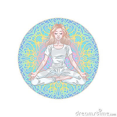Young meditating yogi woman in lotus pose isolated on colorful mandala background. Vector illustration Vector Illustration