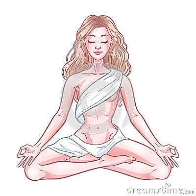 Young meditating yogi woman in lotus pose isolated on white background. Vector illustration Vector Illustration
