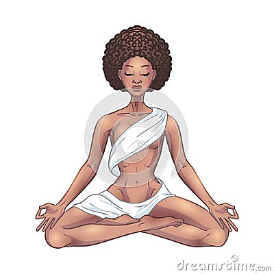 Young meditating yogi woman in lotus pose isolated on white. Beautiful black African American girl. Vector illustration Vector Illustration