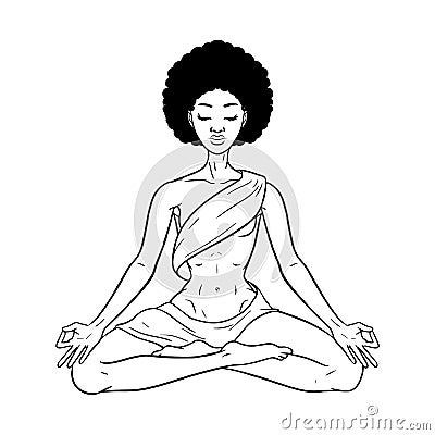 Young meditating yogi woman in lotus pose isolated on white. Beautiful black African American girl. Vector illustration Vector Illustration