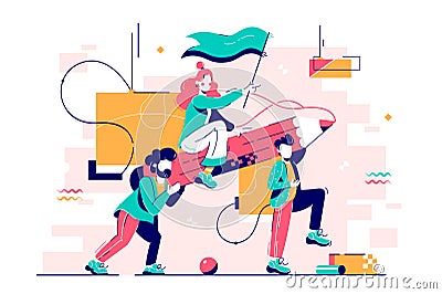 Young men carry attractive girl on big pencil for teamwork. Vector Illustration