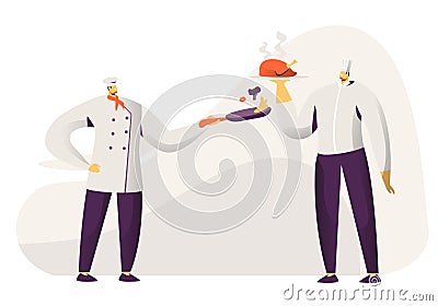 Young Men Chef and Sous Chef in Toque and Apron Holding in Hands Tray with Chicken and Pan with Vegetables Vector Illustration