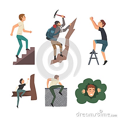 Young men climbing stairs, mountain and over fence cartoon vector illustration Cartoon Illustration