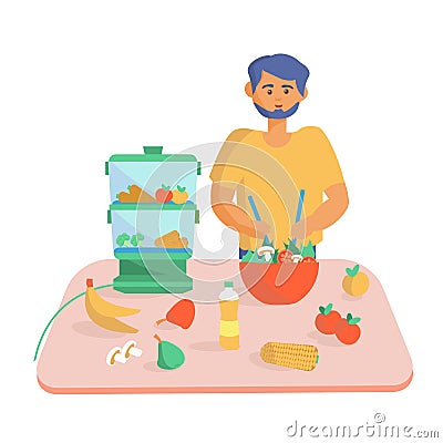 Young men cooking vegetarian food and salad at home Cooking vegetables in a double boiler steamer Cartoon illustration Vector Illustration