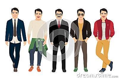 Young men in different male clothes Vector Illustration