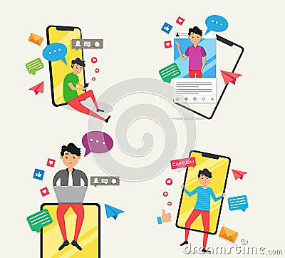 Young men fashion with social media activity Vector Illustration