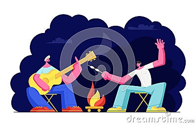 Young Men Sitting at Campfire at Night Time in Forest, Singing Songs, Playing Guitar and Frying Marshmallow. Tourists Company Vector Illustration