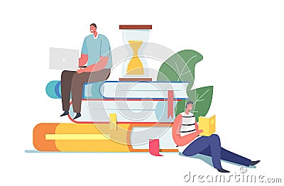 Young Men Students Spend Time in Athenaeum Prepare for Examination. Tiny Male Characters Reading Sitting on Books Pile Vector Illustration