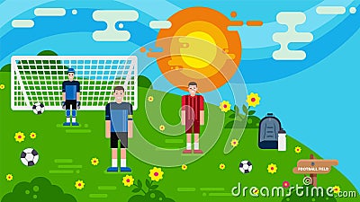 Young men teenagers football players on open air football field vector illustration. Team group of happy athletes Vector Illustration