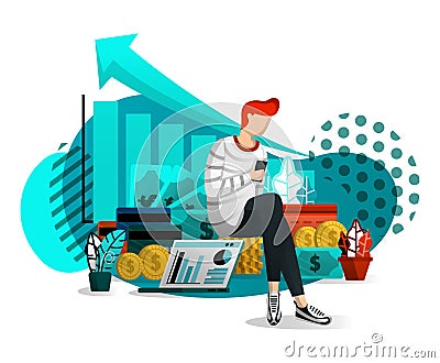 Young Men Use Internet to Manage Riches. Early Financial Investment Management With Mutual Fund, Mobile banking, Develops Business Vector Illustration