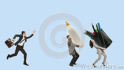 Young men and woman in office suit with stationery going isolated on blue background. Collage, illustration Stock Photo