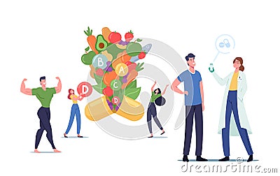 Young Men and Women Characters Apply Nutritional Supplement or Vitamins, Healthy Lifestyle and Organic Food Nutrition Vector Illustration