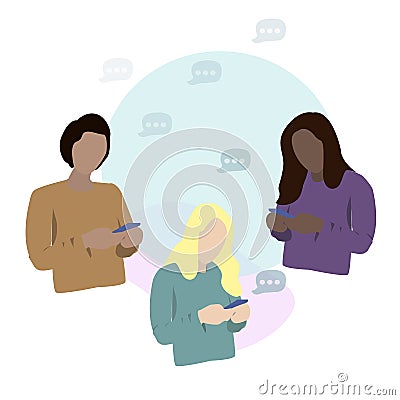 Young men and women of different races looking at their phones and sending messages. Concept of addiction to social media Vector Illustration