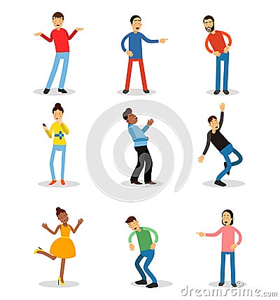 Young men and women having fun and smiling set. Happy people vector illustrations Vector Illustration