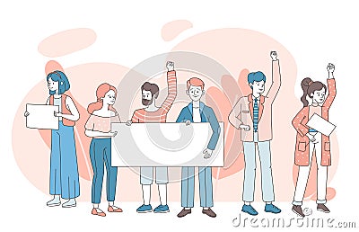 People holding banners and protesting vector illustration.Demonstration, protest, activism, concept. Vector Illustration