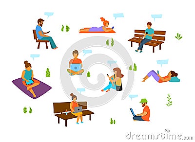 Young men and women with mobile phones laptops tablets working chatting texting in the city park Vector Illustration