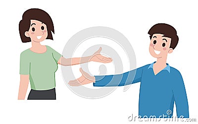 Young men and women spread their hands to the side to invite customers to see the product or the advertising message. Character Vector Illustration