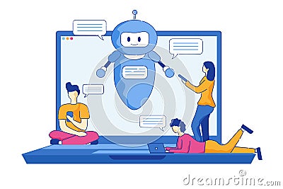 Young Men and Women Write Messages Using Chatbot. Vector Illustration