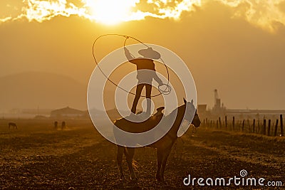 A Young Mexican Charro Cowboy Rounds Up A Herd of Horses Running Through The Field On A Mexican Ranch At Sunrise Stock Photo