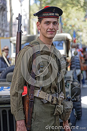 Young military man in the streets of Lyon Editorial Stock Photo