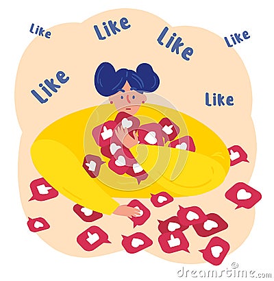 Young millenial girl holds likes hearts, thumbs up Vector Illustration