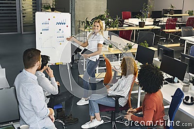 Young millennial team analyzing financial information at work Stock Photo