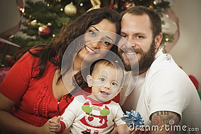 Young Mixed Race Family Christmas Portrait Stock Photo