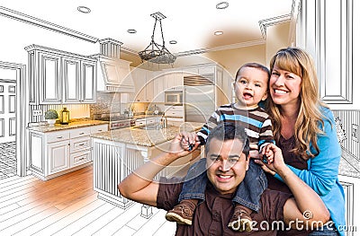 Young Mixed Race Family Over Kitchen Drawing with Photo Combination Stock Photo